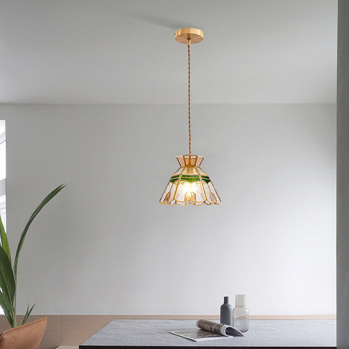 Vintage Bell Brass Glass Pendant Light