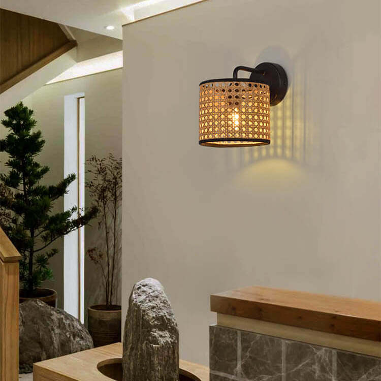 Modern Rattan Woven Drum Wall Sconce