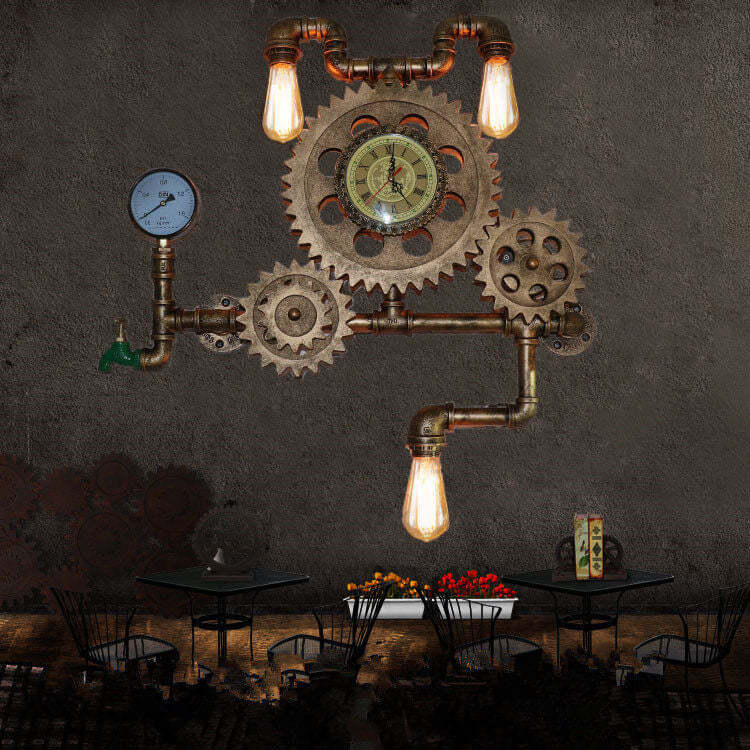 Vintage Industrial Gear Water Pipe Clock Sconce