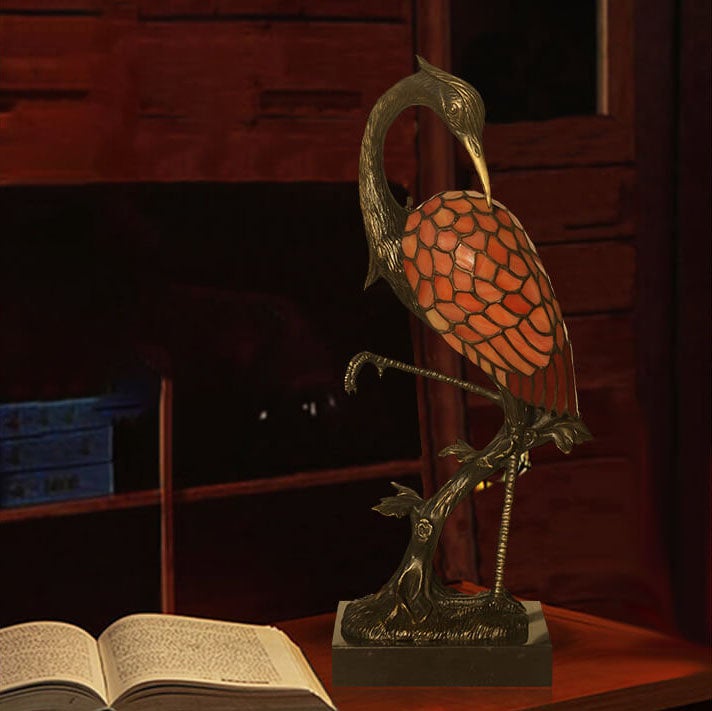 Vintage Tiffany Crane Stained Glass Table Lamp