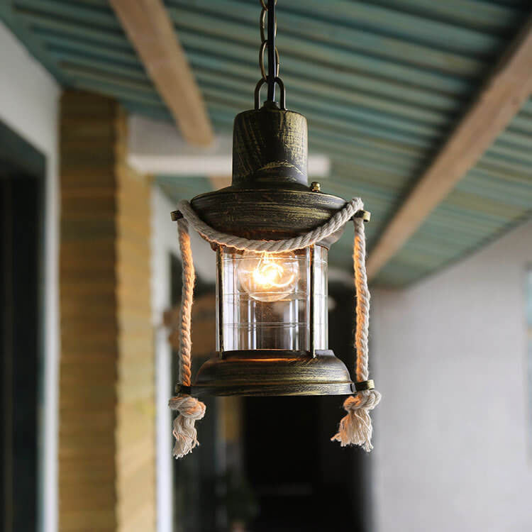 Vintage Hemp Rope Lantern Oil Lamp Iron Pendant
