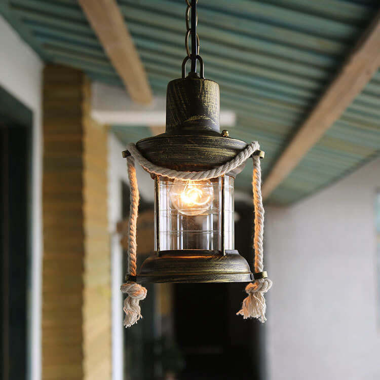 Vintage Hemp Rope Lantern Oil Lamp Iron Pendant