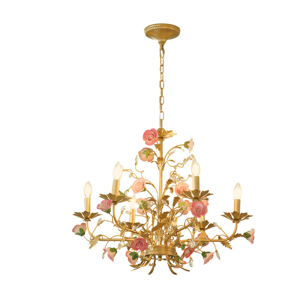 French Pink Rose Candlelight Pastoral Chandelier