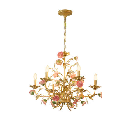 French Pink Rose Candlelight Pastoral Chandelier