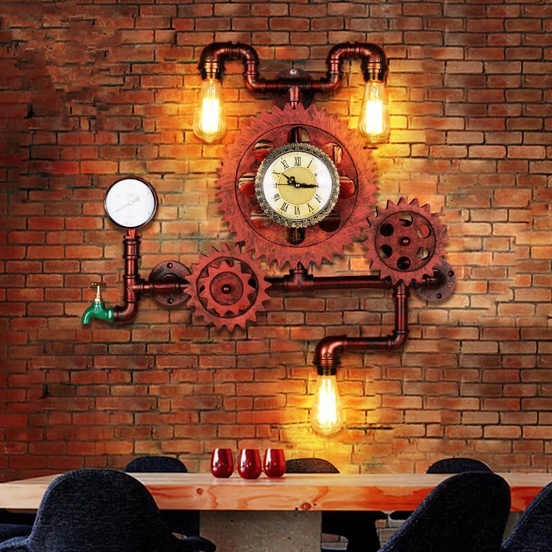 Vintage Industrial Gear Water Pipe Clock Sconce