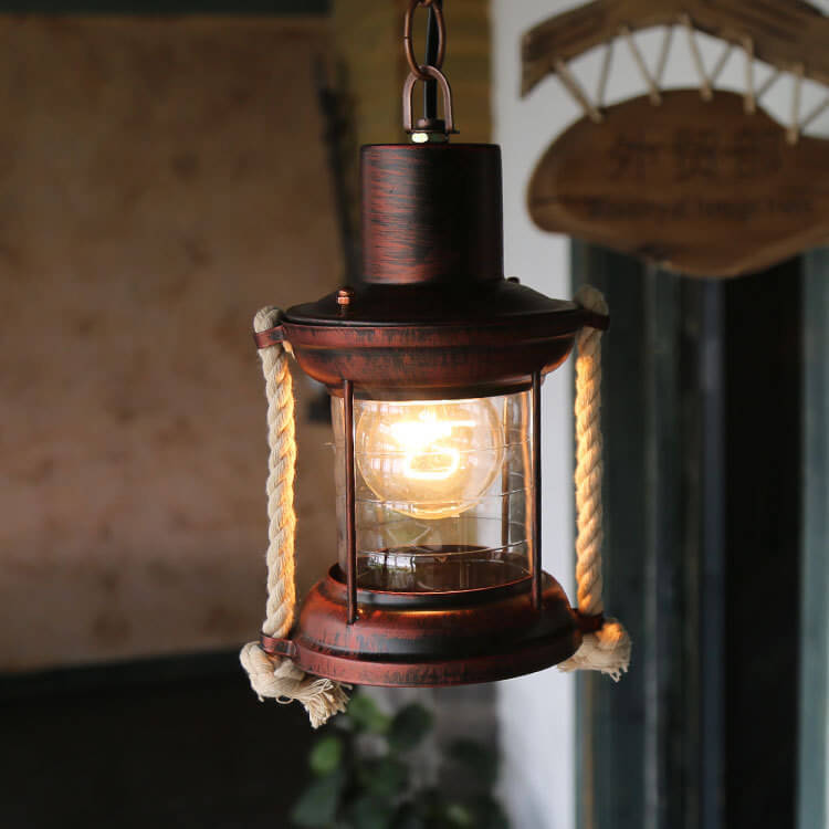 Vintage Hemp Rope Lantern Oil Lamp Iron Pendant