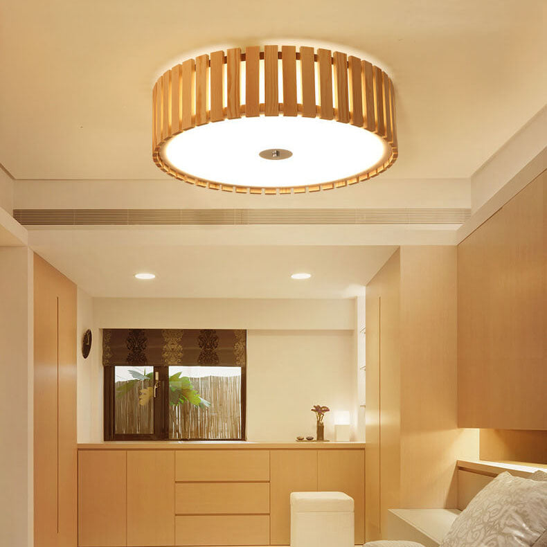 Modern cylindrical wooden flush mount lighting in metal — 15.75" W x 6.3" H / Flush Mount Ceiling Light / 220V-240V (UK/AU)