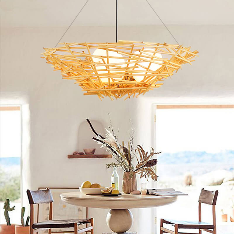 Natural rattan bird nest chandeliers - japanese — 17.72" W x 39.37" L x 5.12" H / 220V-240V (UK/AU)