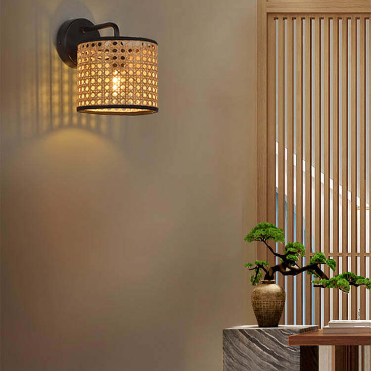 Modern Rattan Woven Drum Wall Sconce