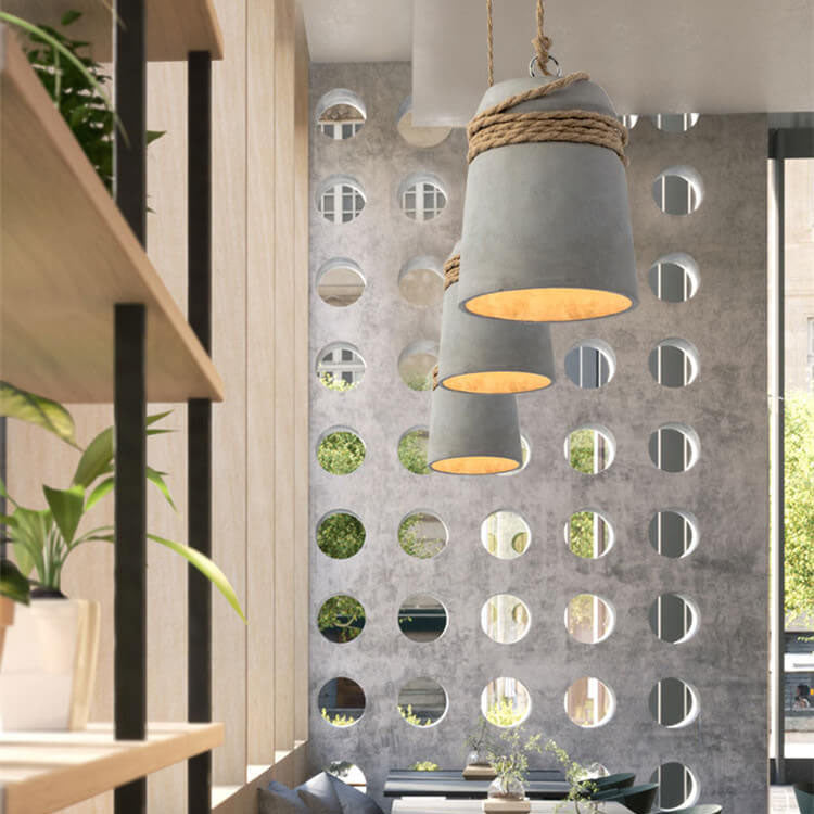 Industrial column rope pendant lighting in cement — Black Cord / 220V-240V (UK/AU