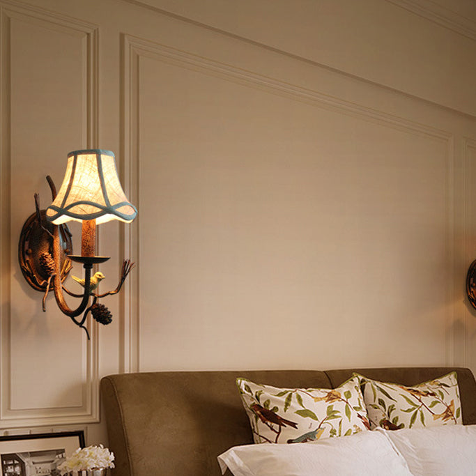 Vintage Fabric Bird Pinecone Resin Sconce