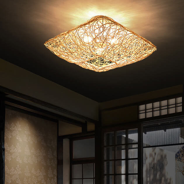 Modern Rattan Nest Square 3-Light Flush Ceiling Light