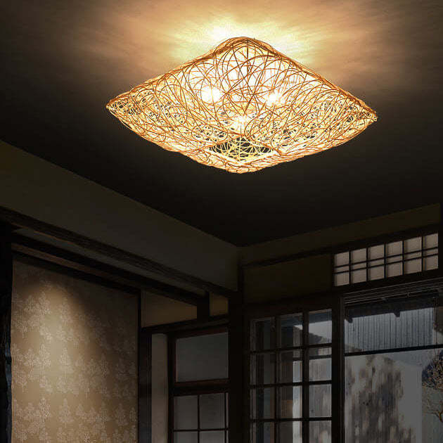 Modern Rattan Nest Square 3-Light Flush Ceiling Light
