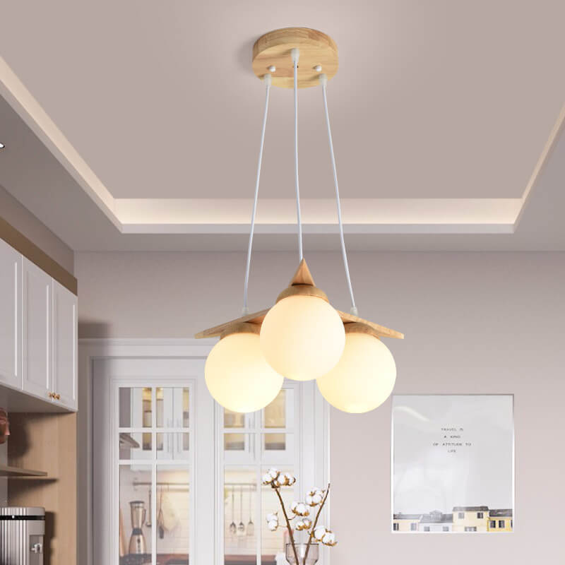 Modern Solid Wood Frosted Glass Ball Chandelier — 3 / White Light (5000K) / 220V-240V For UK/AU