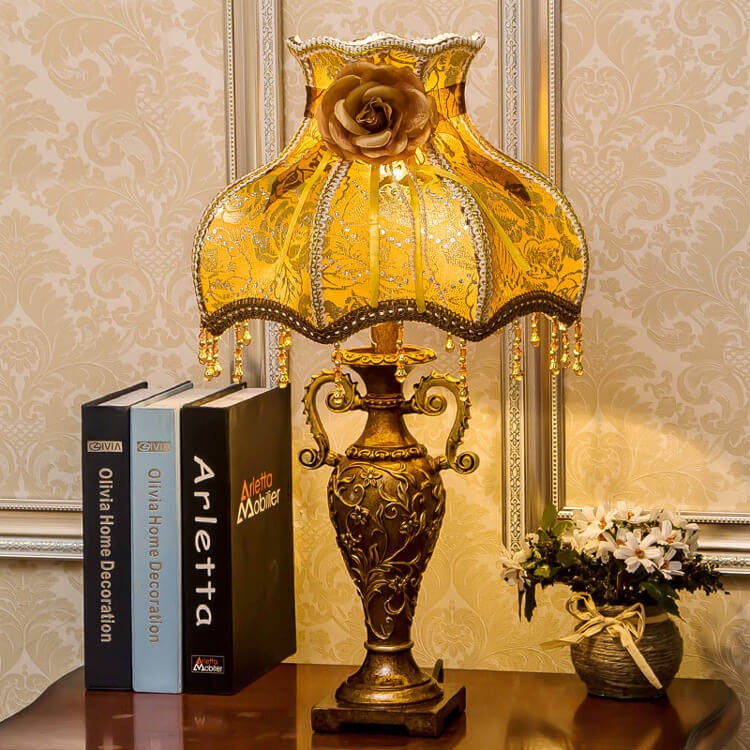 Bronze fabric table lamps for bedroom — Push Button / 220V-240V (UK/AU