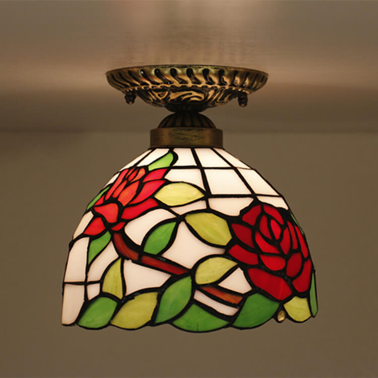 Red glass rose tiffany semi-flush mount light — 220V-240V (UK/AU)