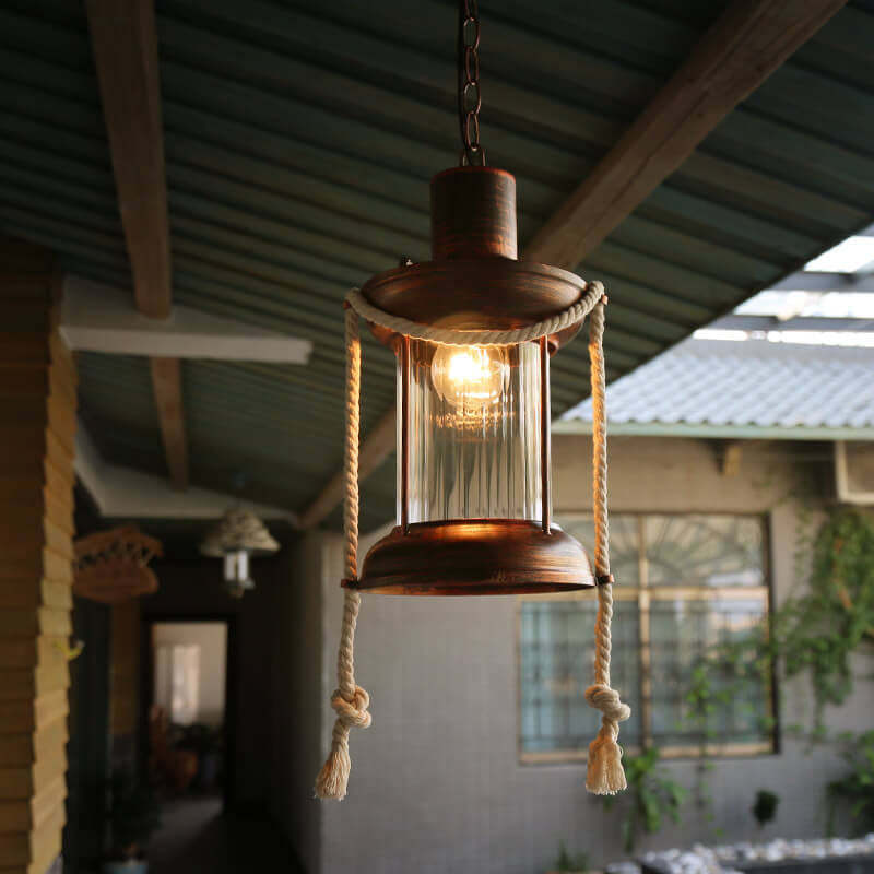 Vintage Hemp Rope Lantern Oil Lamp Iron Pendant