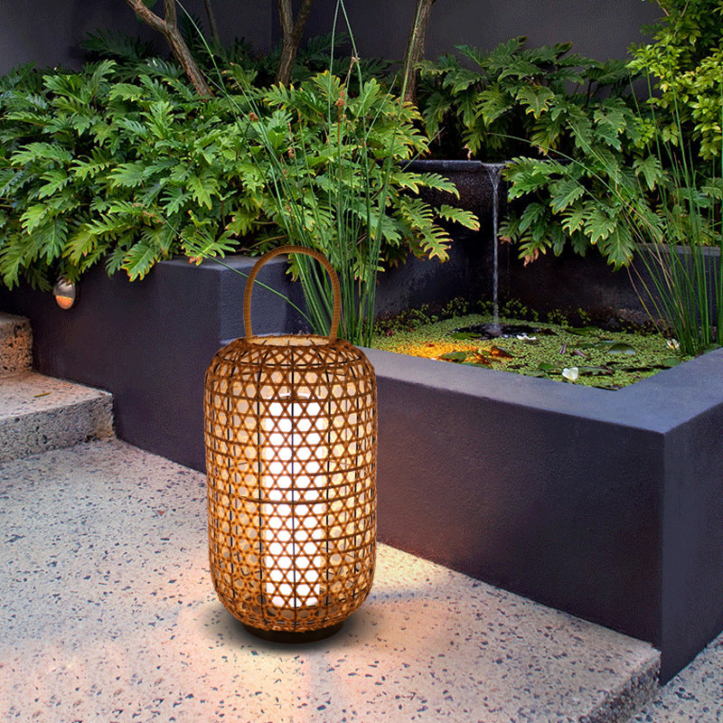 Modern Rattan Cylinder Outdoor Floor Lamp