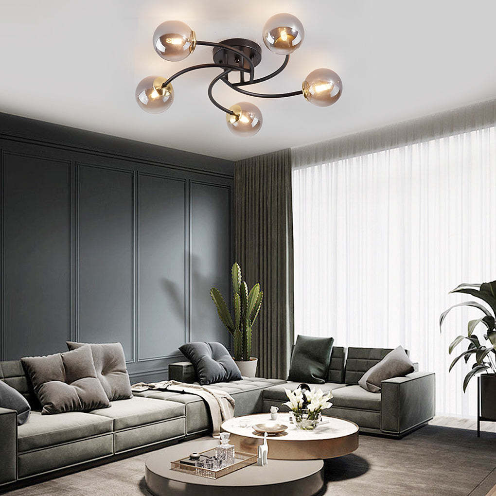 5-Light Glass Globe Swirled Metal LED Modern Ceiling Light