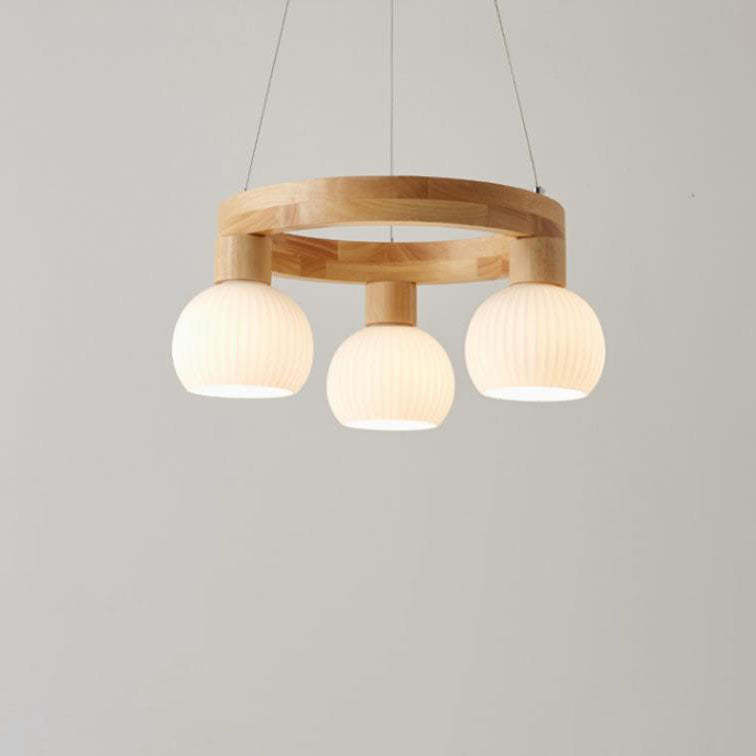 Modern Japanese Log Ring Textured Glass Globe Chandelier