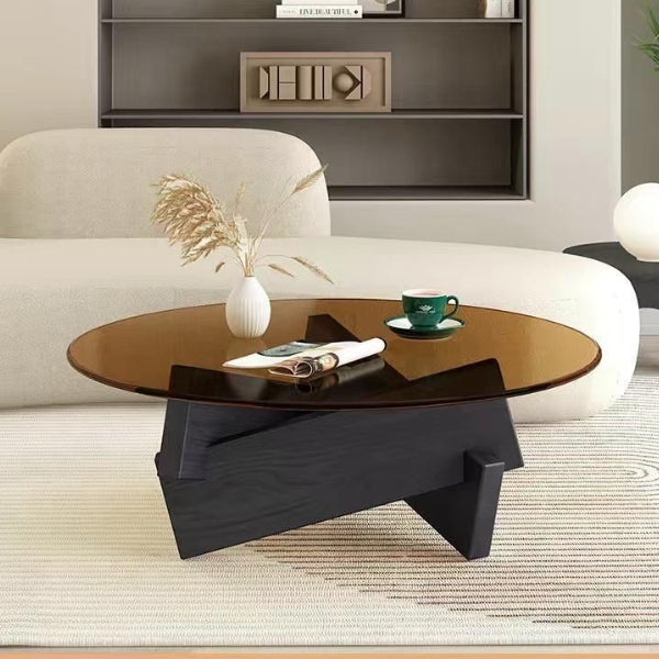 Scandinavian Glass Triangular Wood Coffee Table — Clear Glass Tabletop + Black Oak Legs