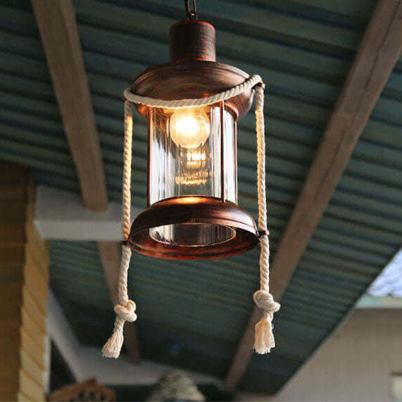 Vintage Hemp Rope Lantern Oil Lamp Iron Pendant