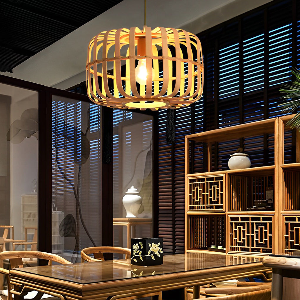 Rectangle Bird Cage Burlywood Bamboo Pendant Ceiling Light