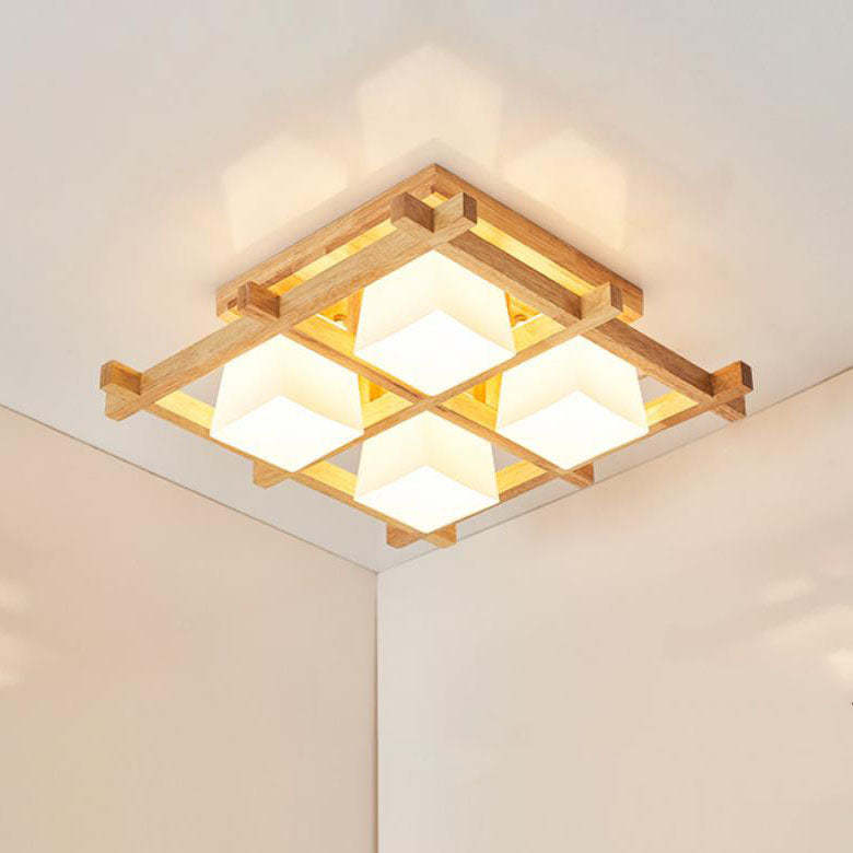 Japanese Wooden Square Flush Ceiling Light