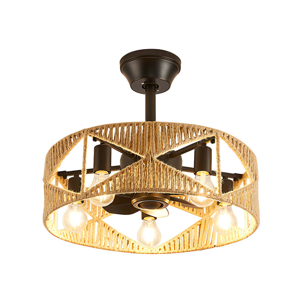 20" Hemp Rope-Woven Caged Remote Ceiling Fan