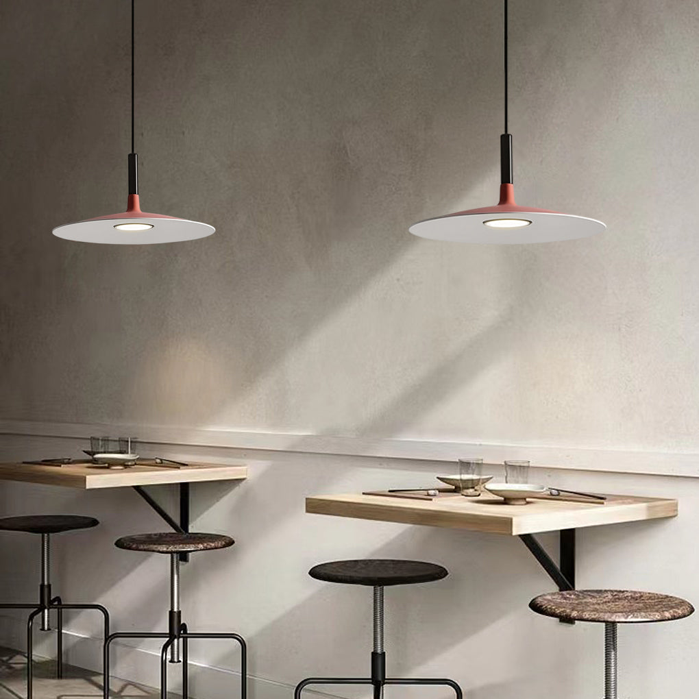 Industrial flat circular black pendant lighting, Lighom — Warm White (3000K) / Red
