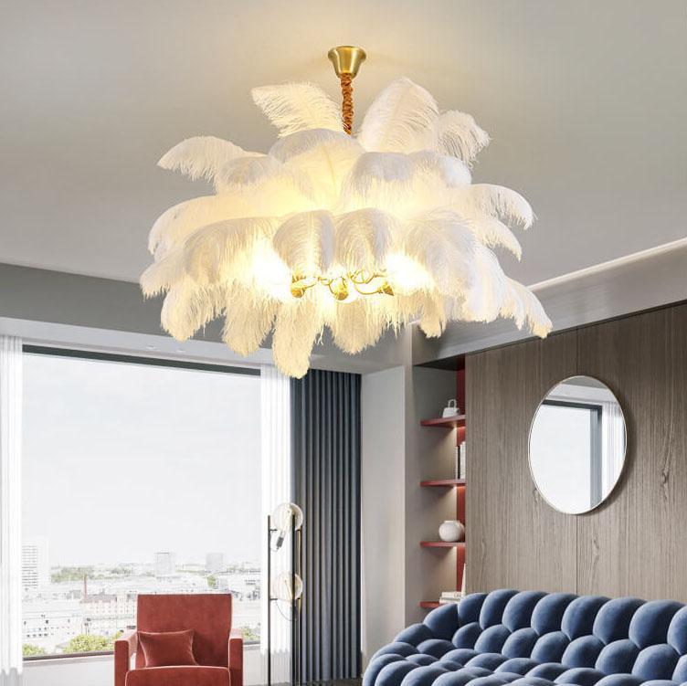 Modern Ostrich Feather Brass Chandelier