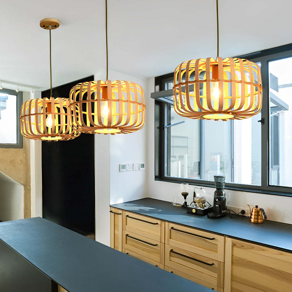 Rectangle Bird Cage Burlywood Bamboo Pendant Ceiling Light
