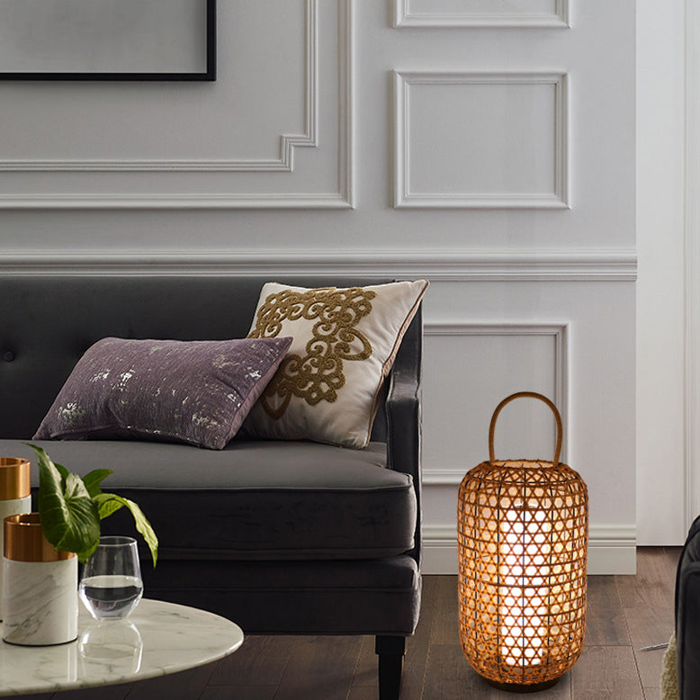 Japanese cylinder beige floor lamps in rattan — 220V-240V (UK/AU)