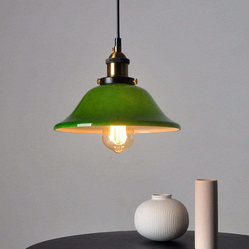 Vintage Green Glass Dome Pendant Light