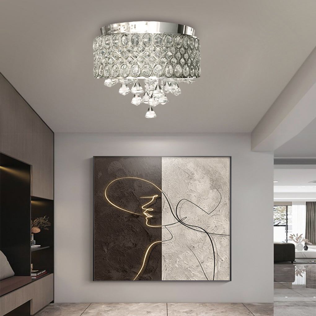 4-Light Drum Shaped Crystal Metal Modern Flush Mount Lighting Chandelier-Lighom