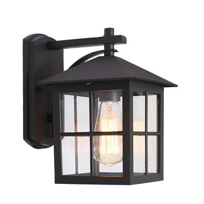 Antique Lantern Shaped Glass Waterproof Black Modern Wall Sconce Lighting-Lighom