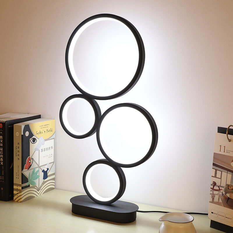 Minimalist 4-Ring LED Table Lamp — Dimmer Switch / Warm Light (3000K) / Black
