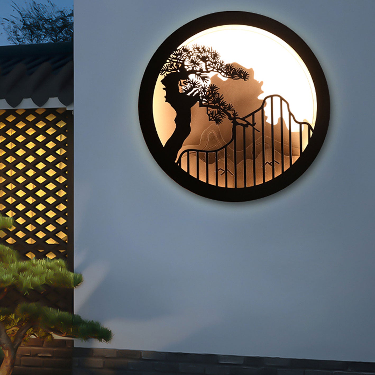 Chinese Landscape Pine Zen Round LED Outdoor Wall Sconce — 220V-240V For UK/AU / Warm Light(3000K)