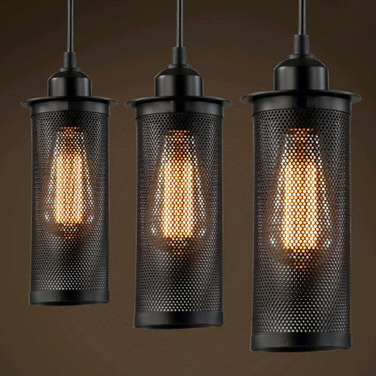 Vintage Wrought Iron Mesh Cylinder Pendant Light