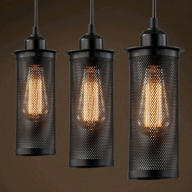 Vintage Wrought Iron Mesh Cylinder Pendant Light