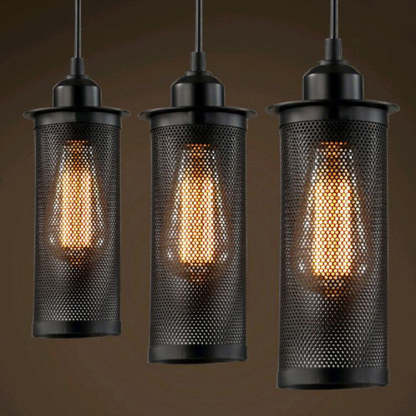 Vintage Wrought Iron Mesh Cylinder Pendant Light