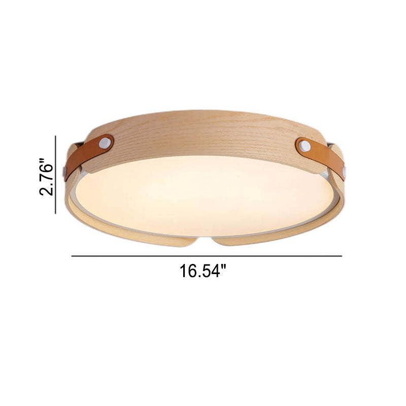 Minimalist Solid Wood Round Leather LED Flush Light