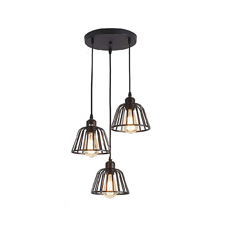 1/3-Light Black Iron Cage LED Industrial Retro Chandelier
