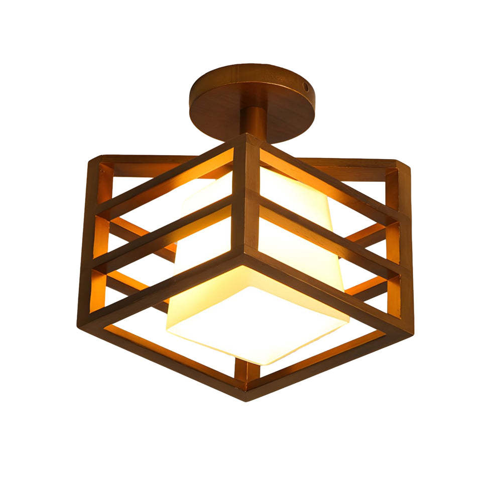 Square Walnut Wood Frame Semi-Flush Ceiling Light