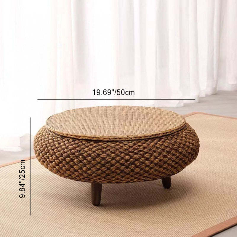 Japanese Oval Rattan Woven Wood Coffee Table — With Storage / Original Wood Color