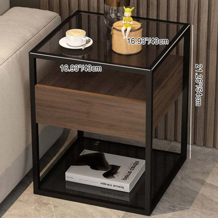 Scandinavian Glass Wood Rock Slab Square Nightstand 1-Drawer — D