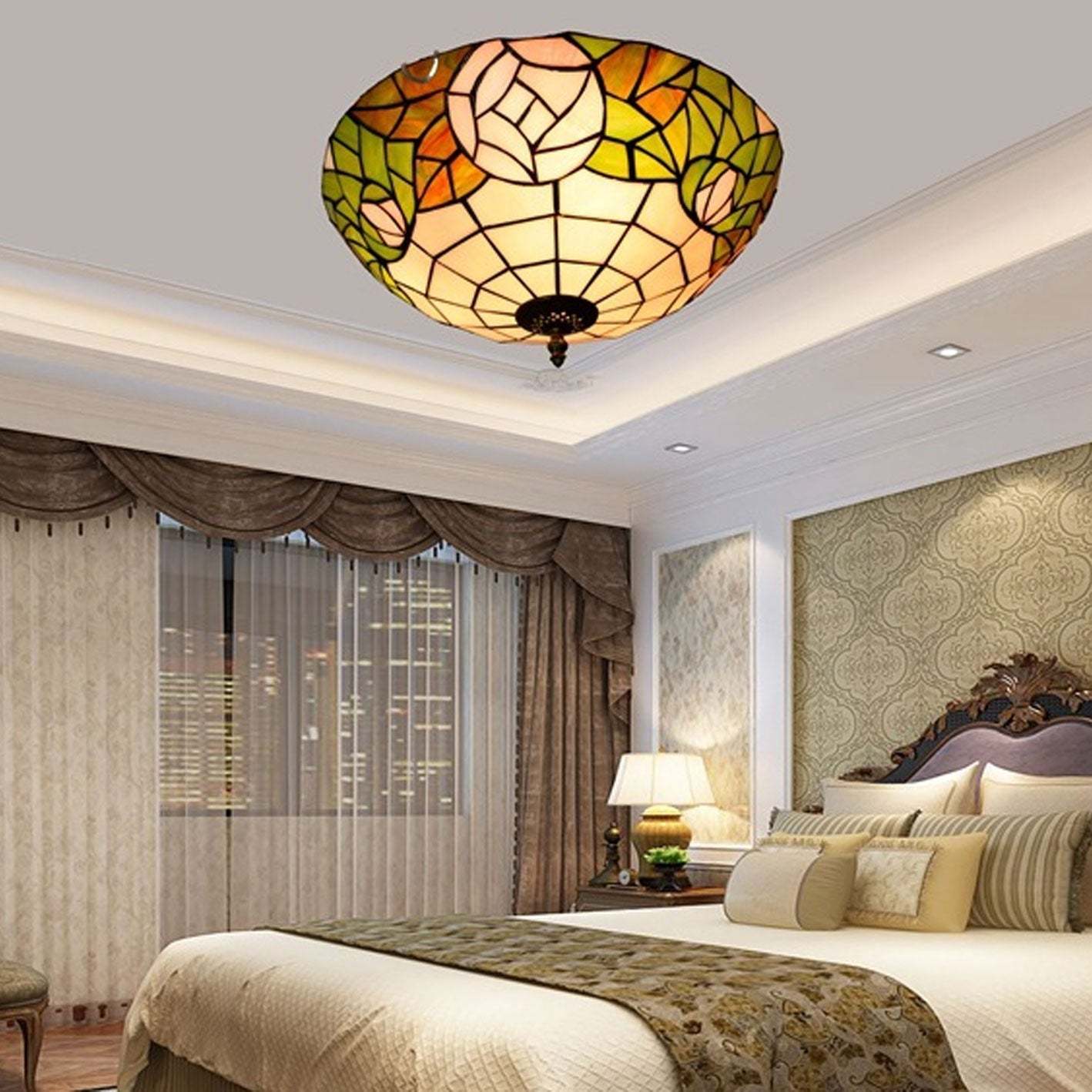 Tiffany European Stained Glass Rose Flush Ceiling Light