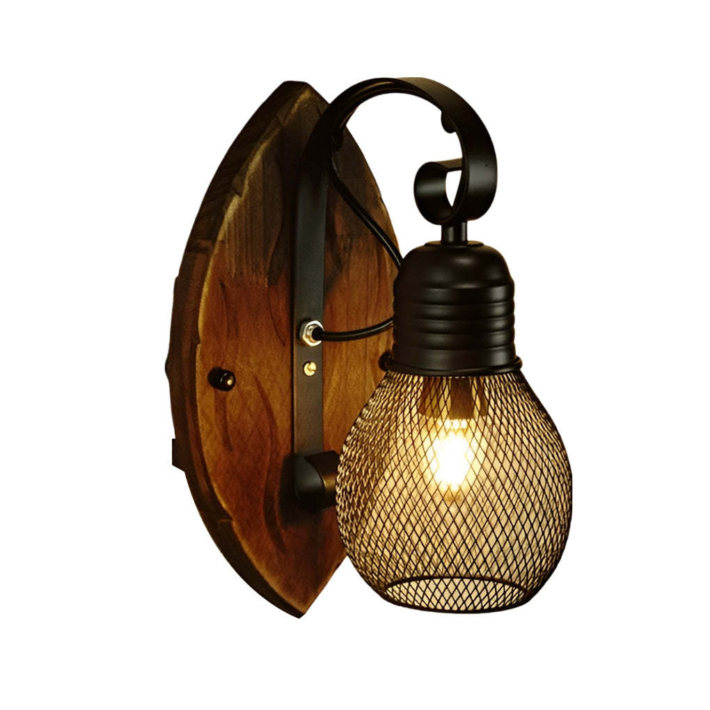 Rustic Antique Wood Iron Hollow Mesh Black E27 Industrial Style Wall Lamp-Lighom