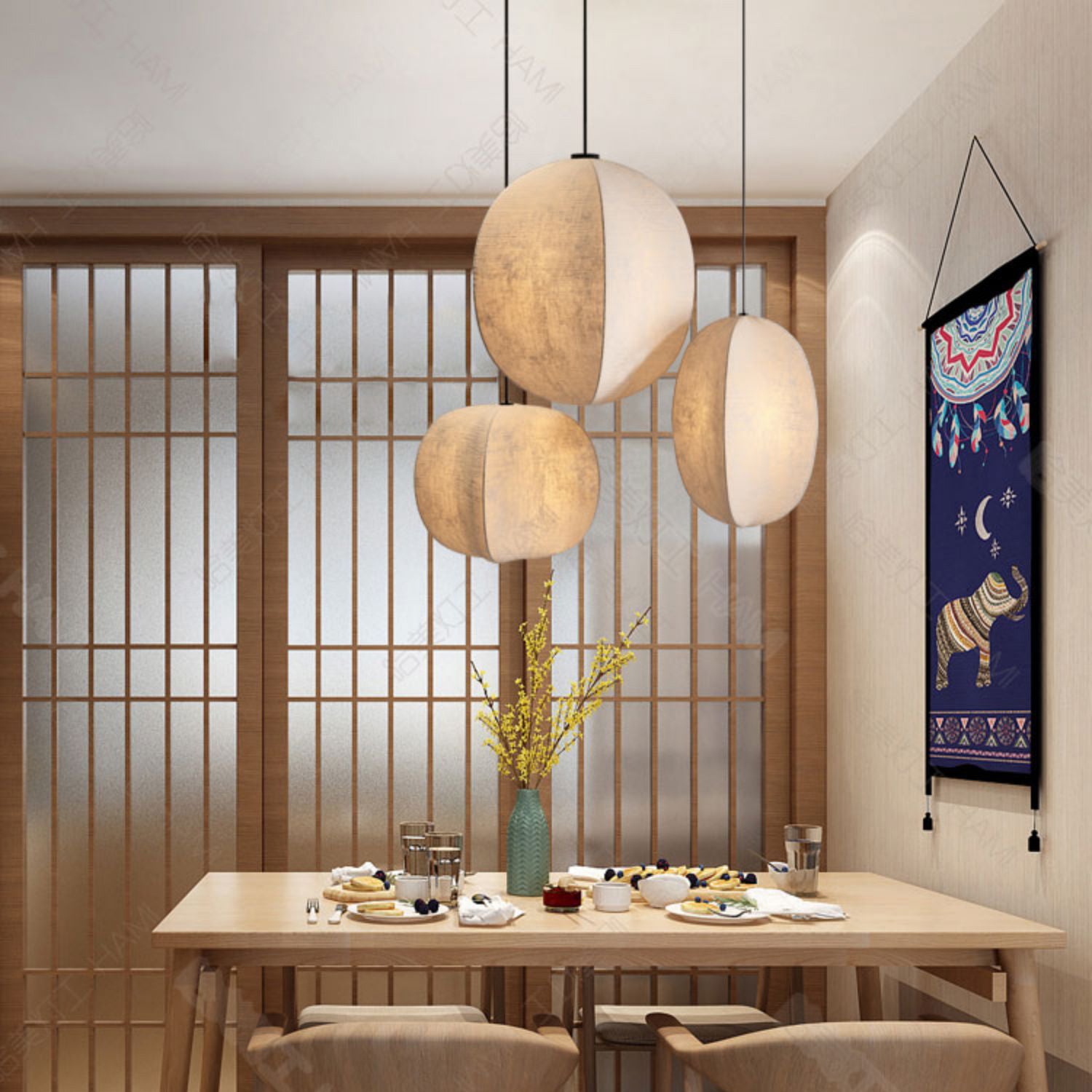 Traditional silk zen beige pendant lighting in iron — 220V-240V (UK/AU)