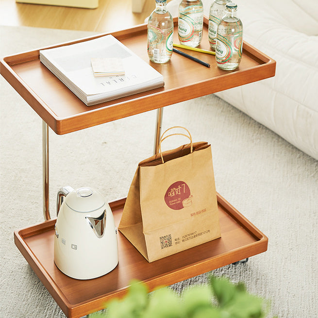Minimalist Wood Metal 2-Tier Wheeled End Table